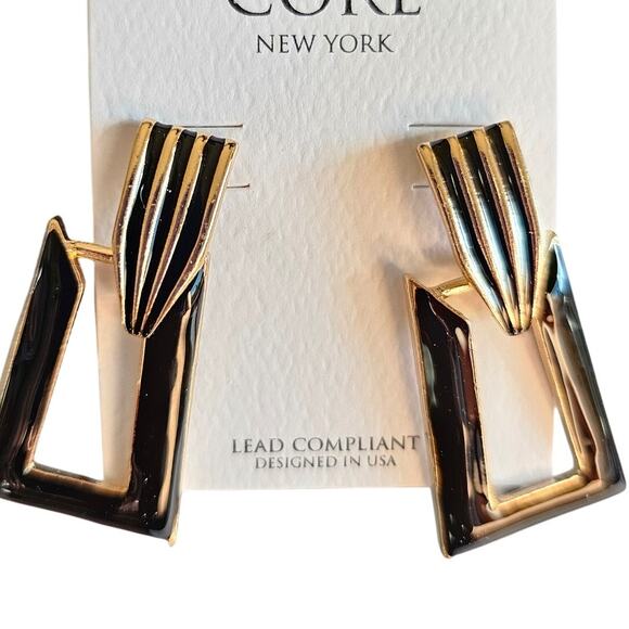 Statement Geometric Drop Earrings Gold Black Enamel Modern 1.6" Dangle New CORE - Picture 6 of 8